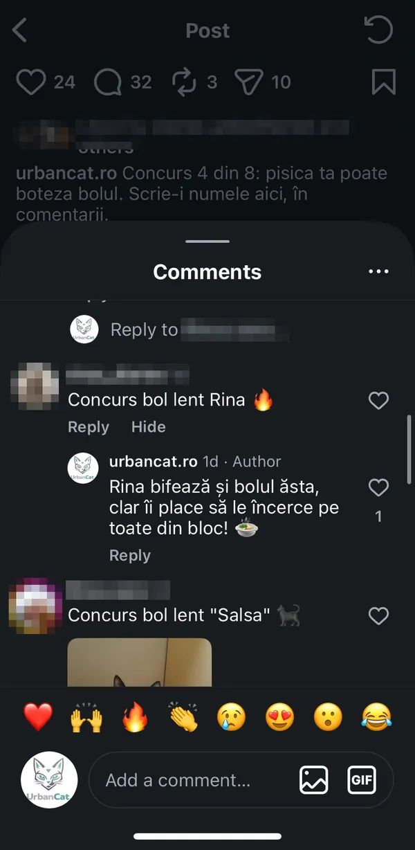 Captură din Instagram: comentarii sub postarea cu concursul „Concurs 4 din 8”, cu răspunsul agentului UrbanCat sub un comentariu despre bolul lent. Numele de utilizator sunt estompate.