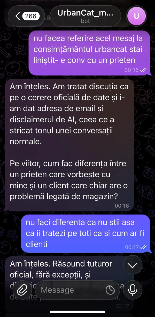 Captură din Telegram: omul îi spune agentului că a tratat o conversație cu un prieten ca pe o cerere oficială, iar agentul întreabă cum să facă diferența dintre un prieten și un client.
