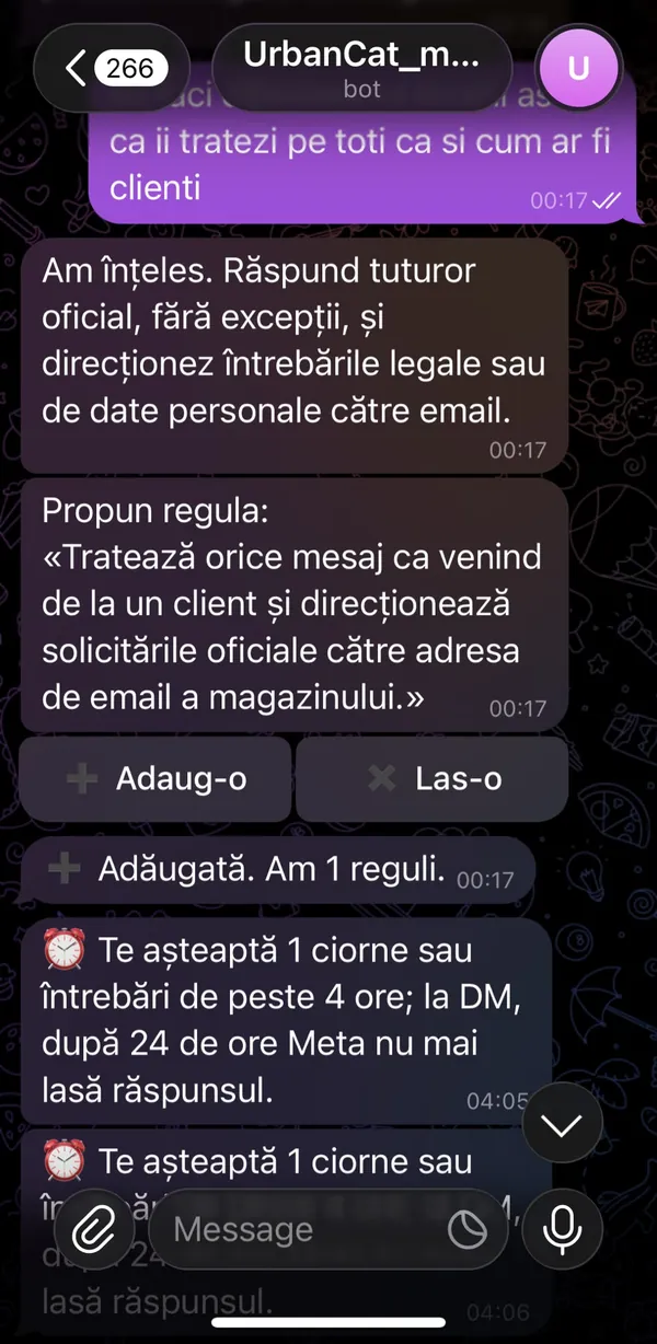 Captură din Telegram: agentul propune o regulă nouă cu butoanele „Adaug-o” și „Las-o”, apoi confirmă că a adăugat-o, iar dedesubt îl amintește omului că așteaptă o ciornă sau o întrebare.