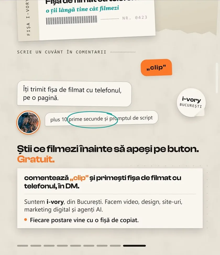 Ultimul slide al unui carusel i-vory care cere cuvântul clip în comentarii