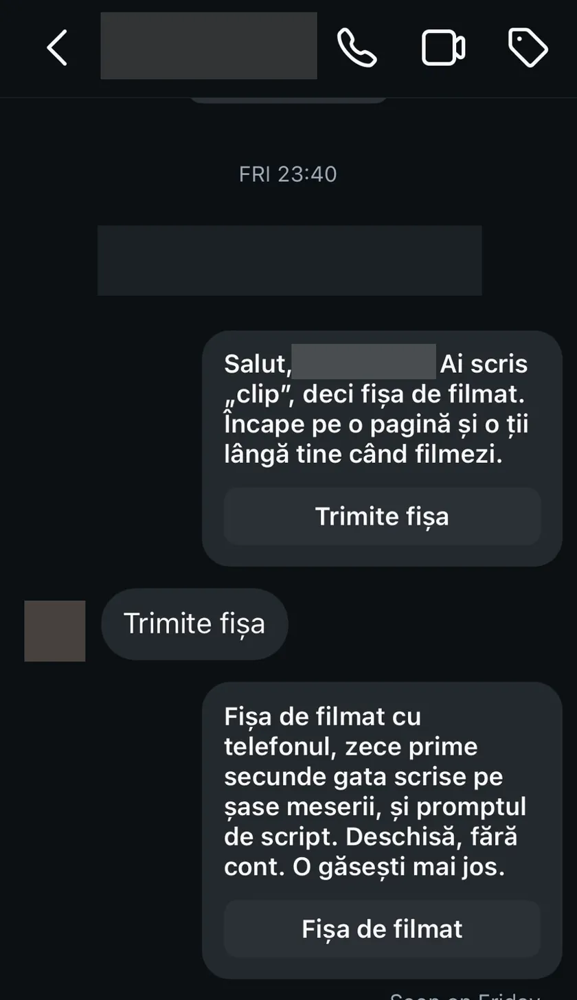 Mesajul automat în privat, cu butonul Trimite fișa și linkul către fișă