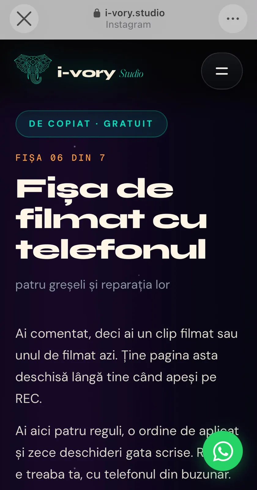 Pagina fișei deschisă pe i-vory.studio, în browserul din Instagram, cu butonul de WhatsApp